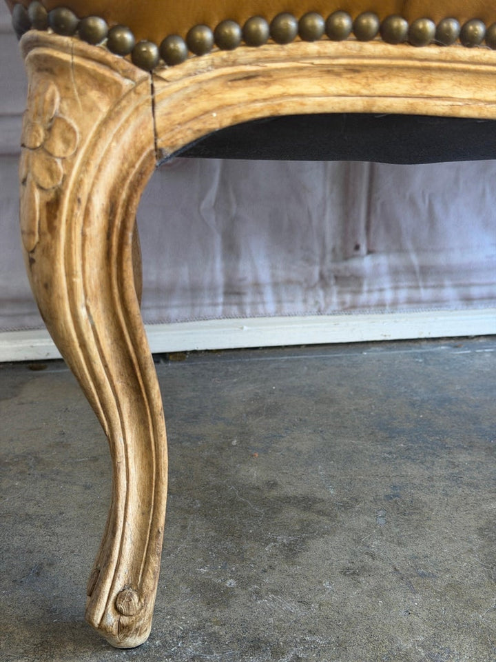 French Louis XV Style Tufted Bench - Caramel Leather