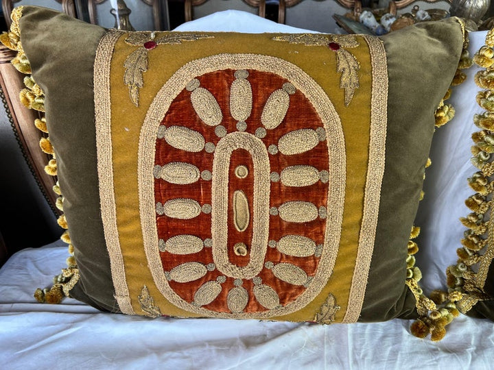 Pair of 19th C. Metallic Embroidered Pillows w/ Trim