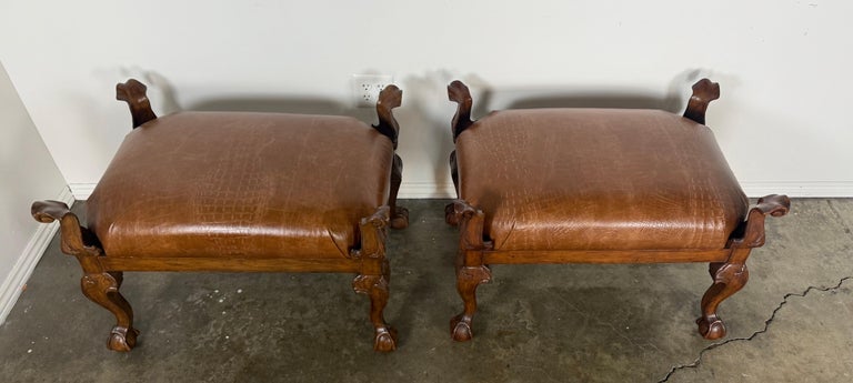 Pair of Spanish Revival Embossed Leather Benches