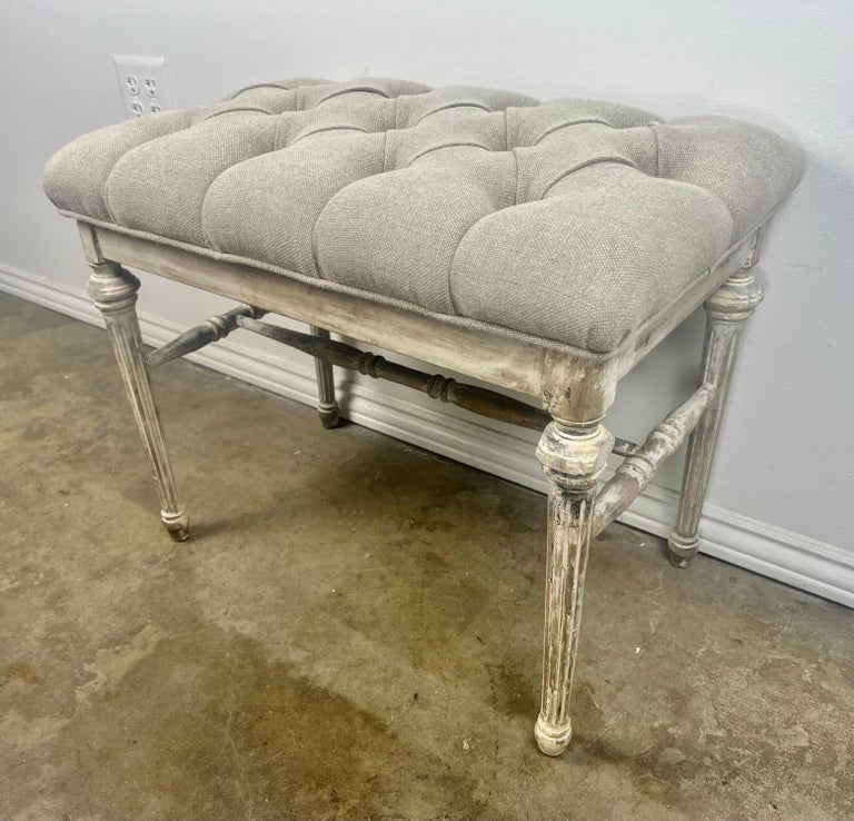 French Louis XVI Style Painted Bench w/ Belgium Linen