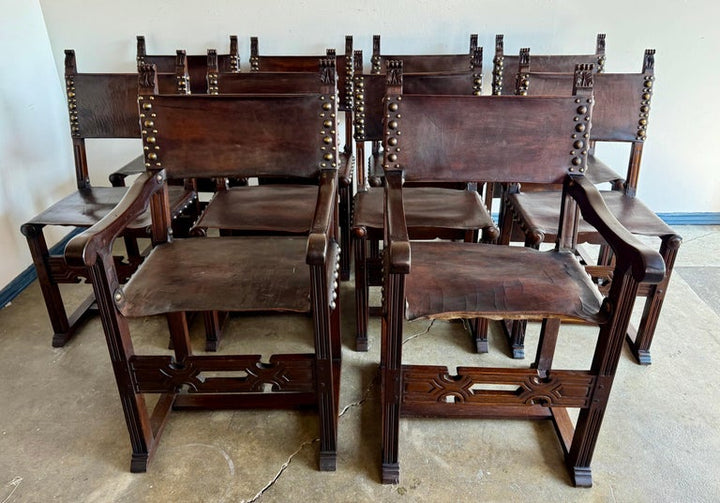 Set of Ten Spanish Revival Leather Dining Chairs, circa 1920s