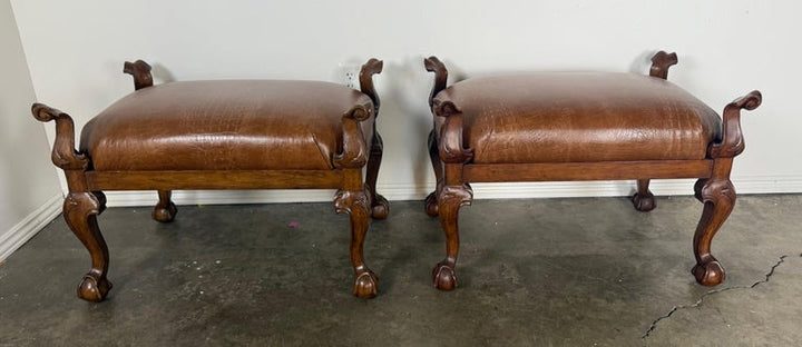 Pair of Spanish Revival Embossed Leather Benches