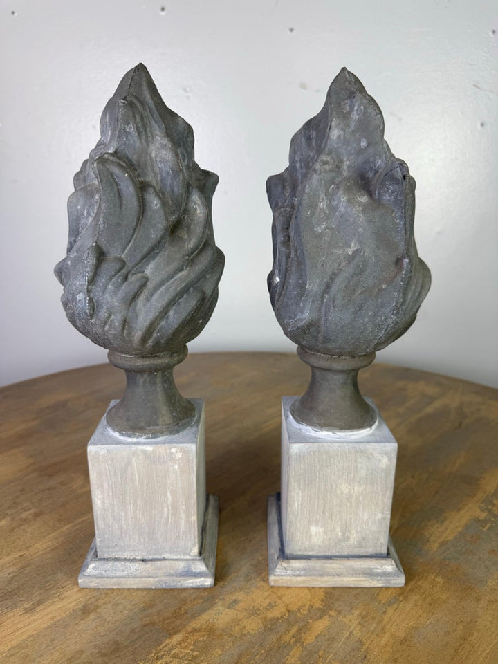 Pair of 19th C. Zinc Flames on Wood Bases