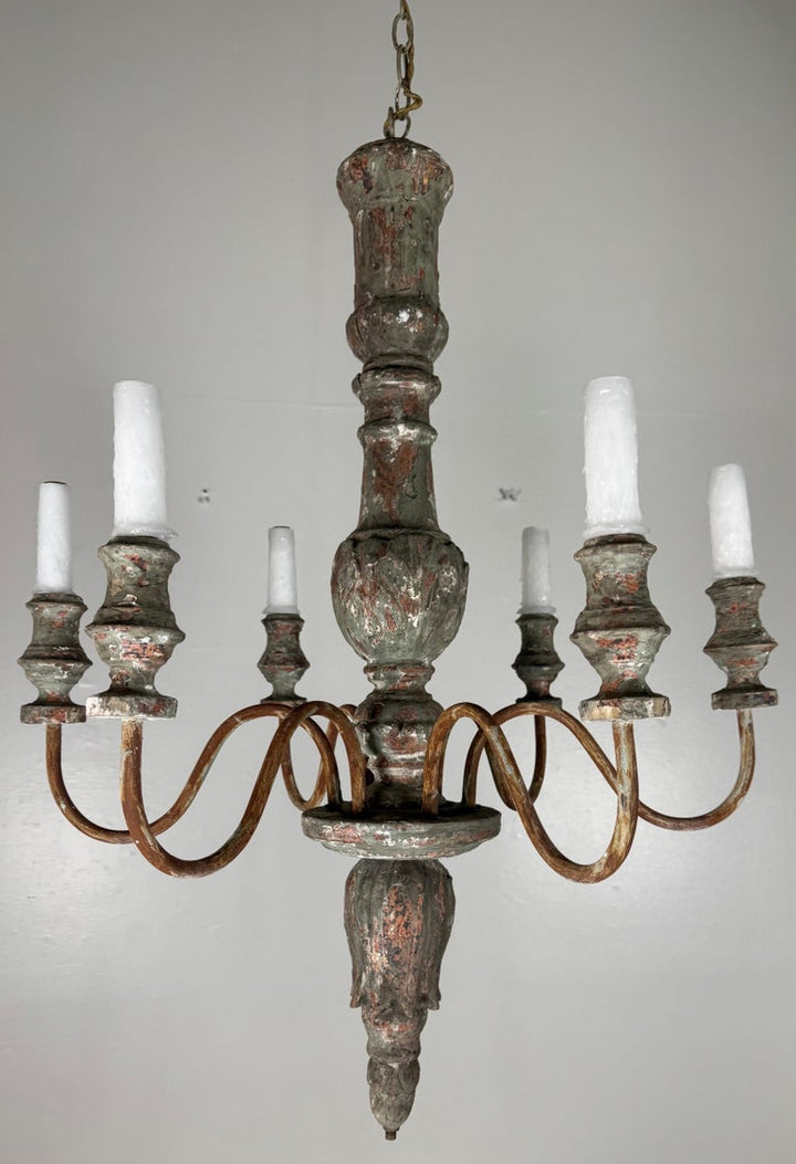 Antique European Painted Wood and Iron Six-Light Chandelier
