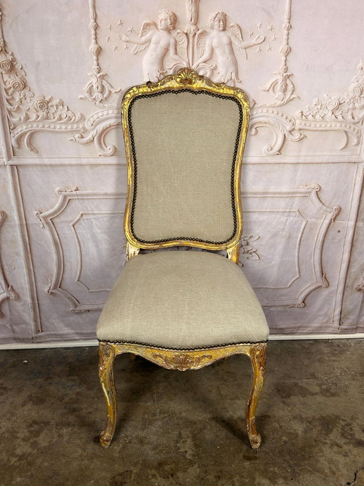 Set of 14 French Louis XV Style Gilt Dining Chairs with Linen Upholstery