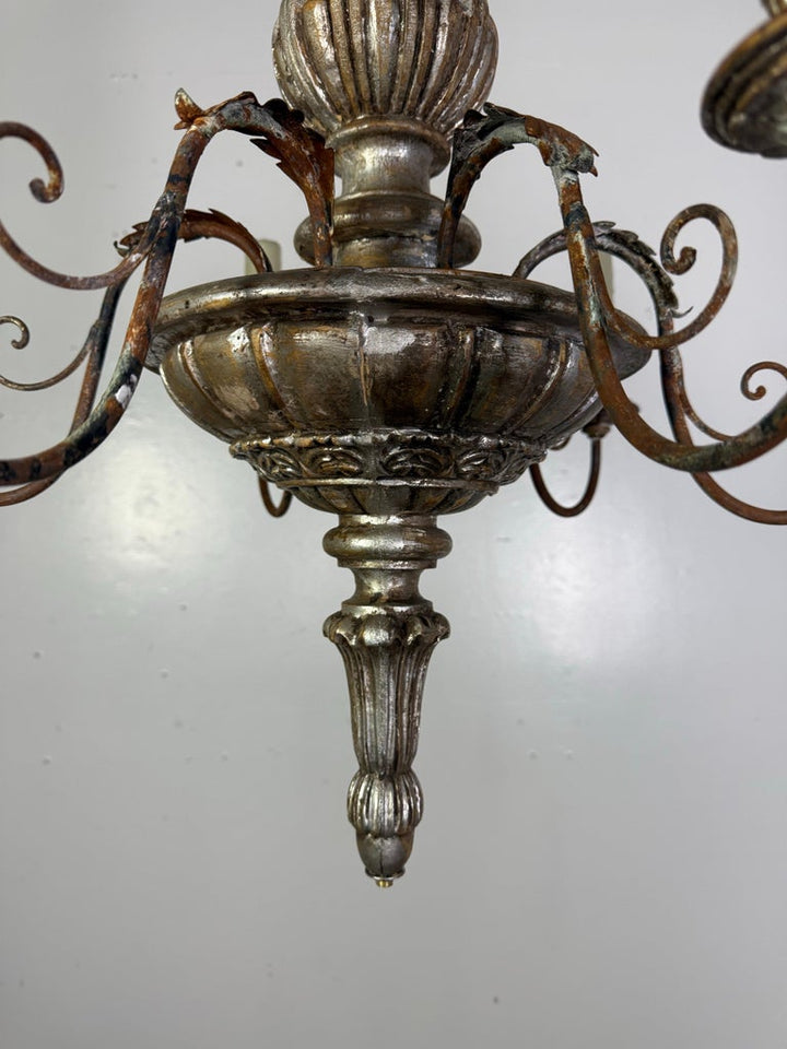 Italian Silvered Wood and Iron Six-Light Chandelier
