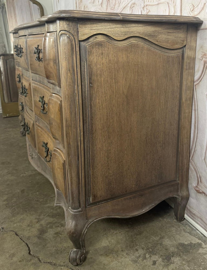 French Louis XV Style 9-Drawer Bombe Dresser in Bleached Fruitwood