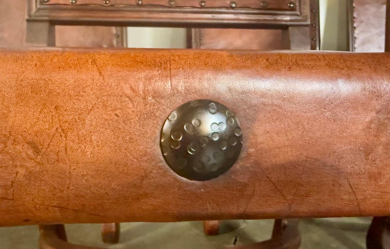 Set of Eight Spanish Walnut & Leather Dining Chairs