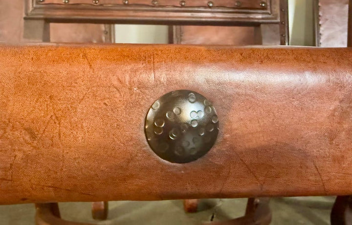 Set of Eight Spanish Walnut & Leather Dining Chairs