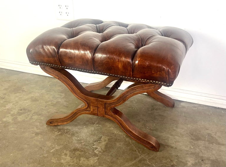 English Leather Tufted Bench C. 1940