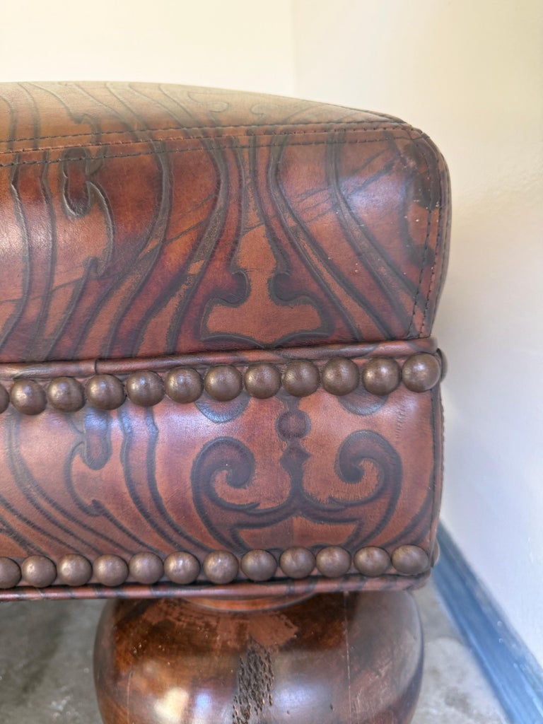 Large Embossed Leather Ottoman with Bun Feet