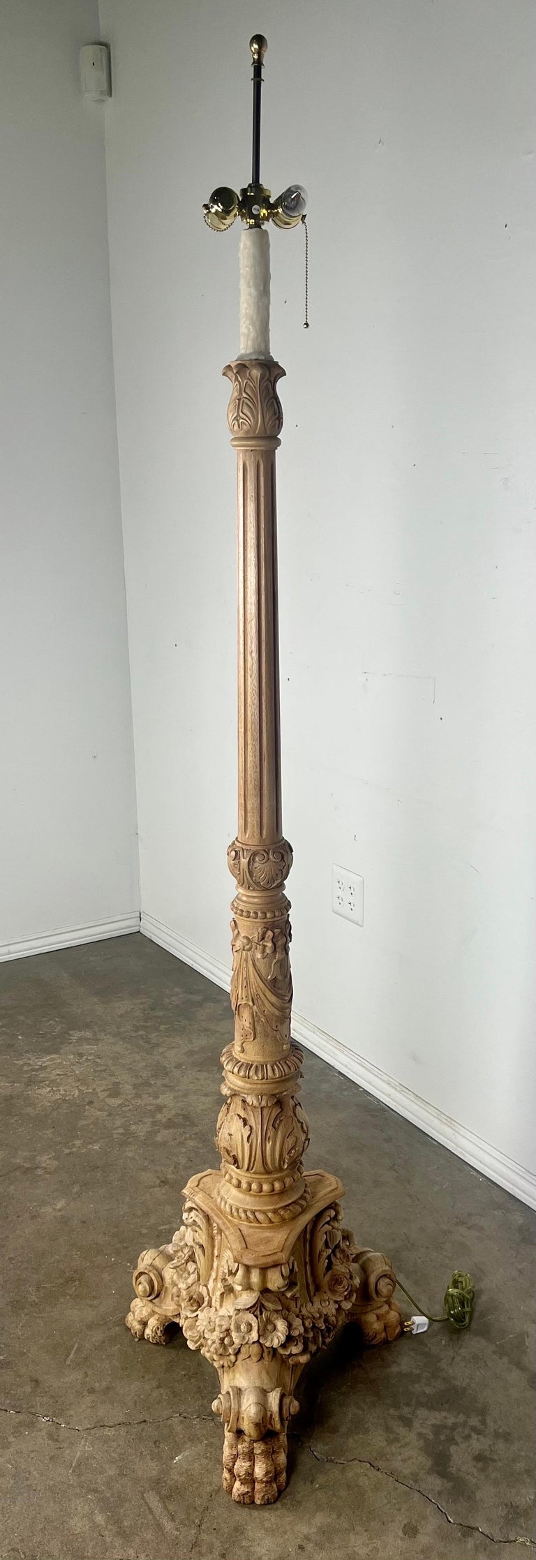 19th C. French Carved Bleached Walnut Standing Lamp