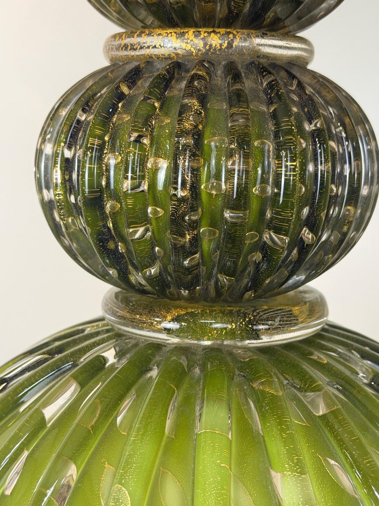 Pair of Vintage Murano Glass Table Lamps - Barovier &amp; Toso Style Olive Green