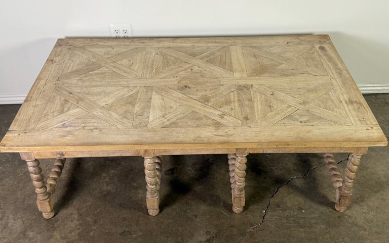 Large European Rustic Coffee Table with Parquetry Top and Barley-Twist Base