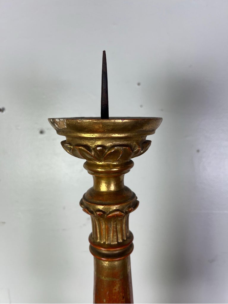 Pair of 19th-Century Italian Gilt Wood Candlesticks w/ Prickets