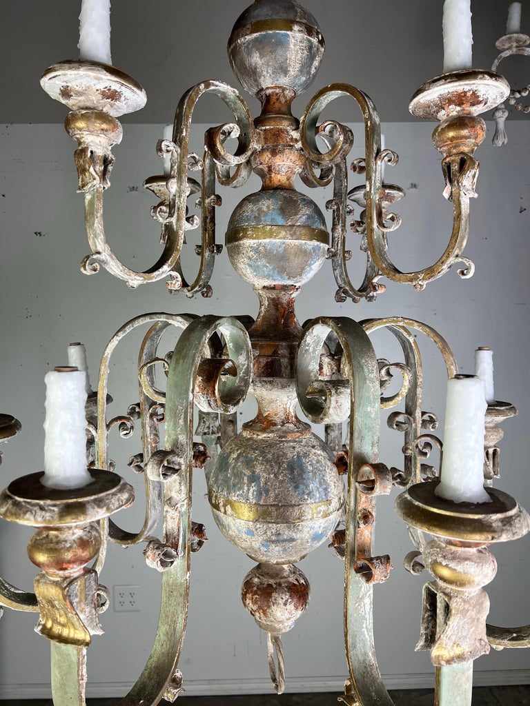 Ten Light Spanish Wrought Iron & Wood Painted Chandelier