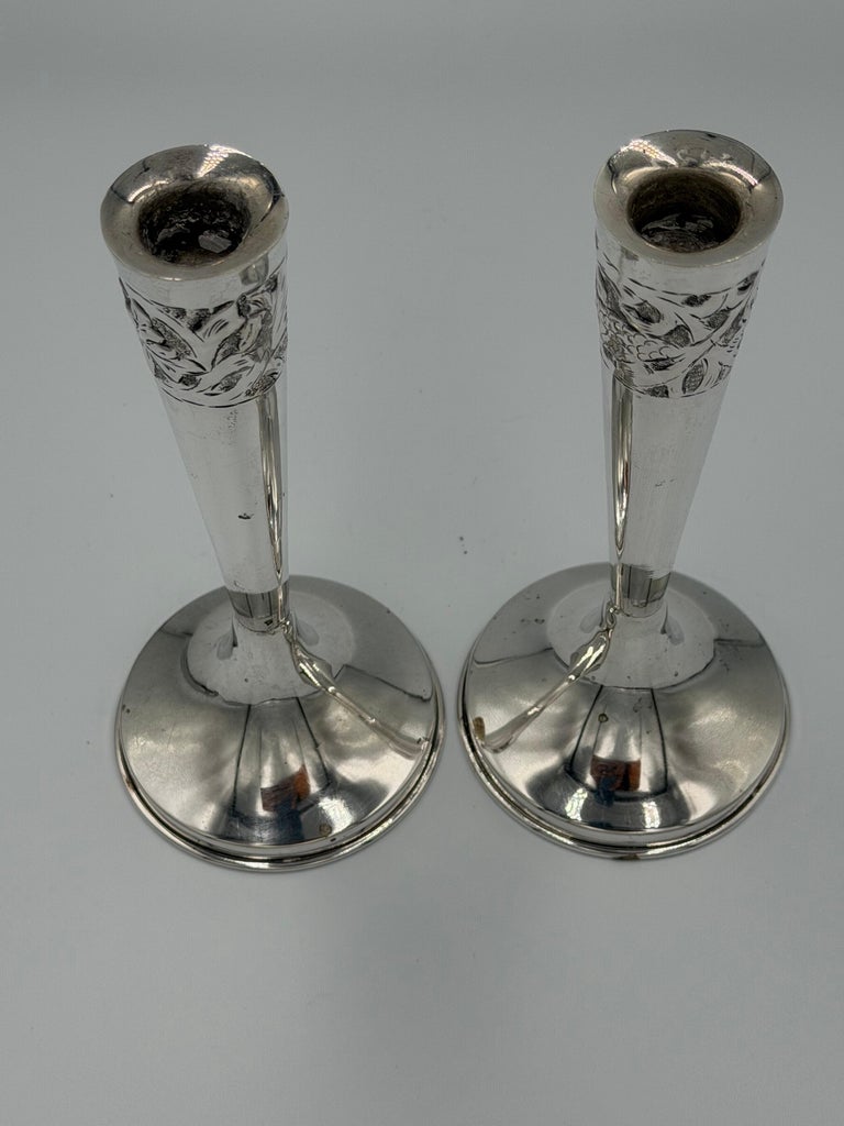 Pair of Art Nouveau Sterling Silver Candlesticks with Floral Relief Decoration