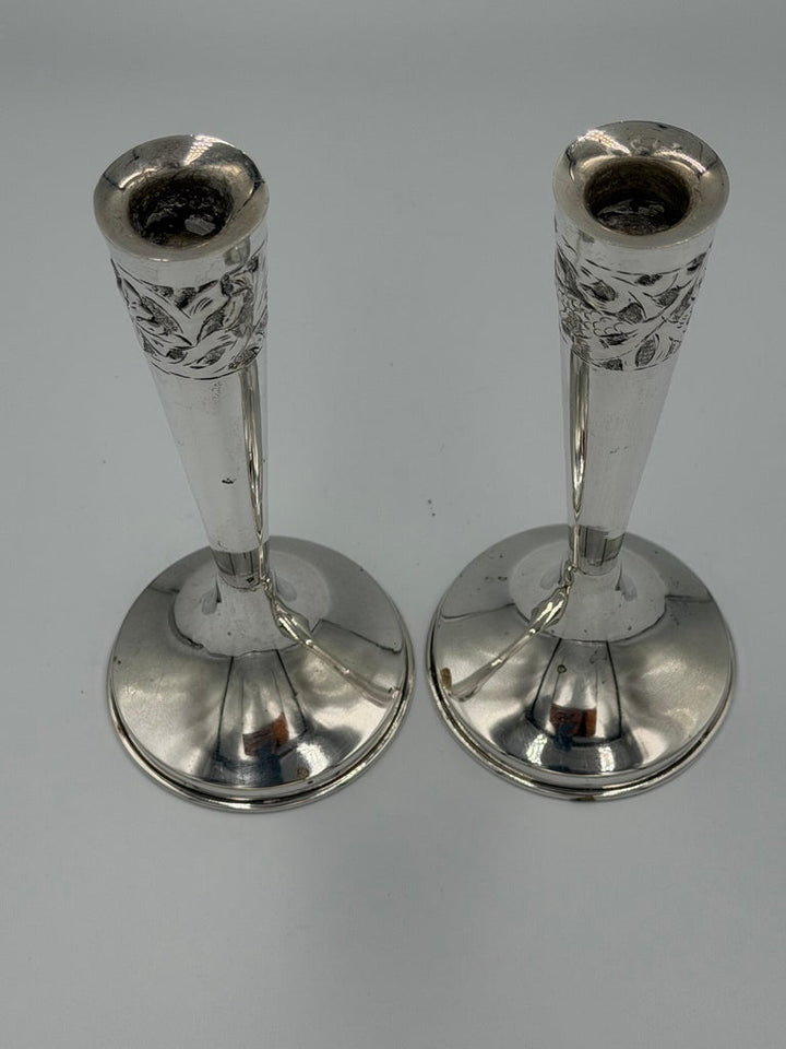 Pair of Art Nouveau Sterling Silver Candlesticks with Floral Relief Decoration
