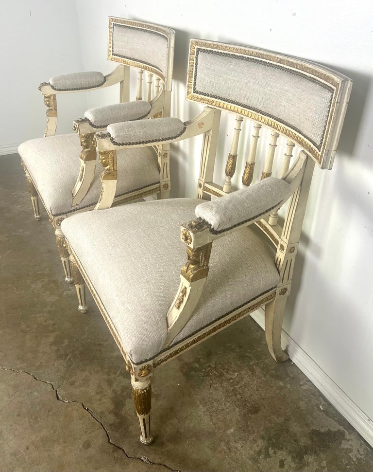 Pair of Italian Neoclassical Style Painted & Parcel Gilt Armchairs C. 1900's