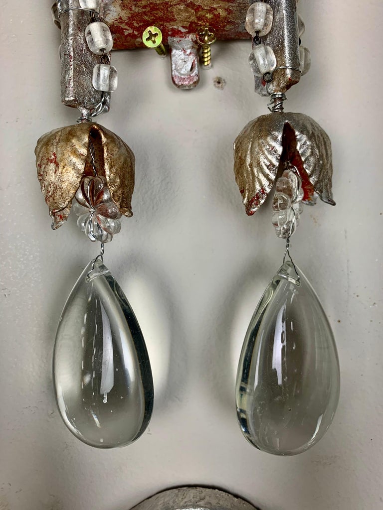 Pair of Silvered 2-Light Crystal Sconces