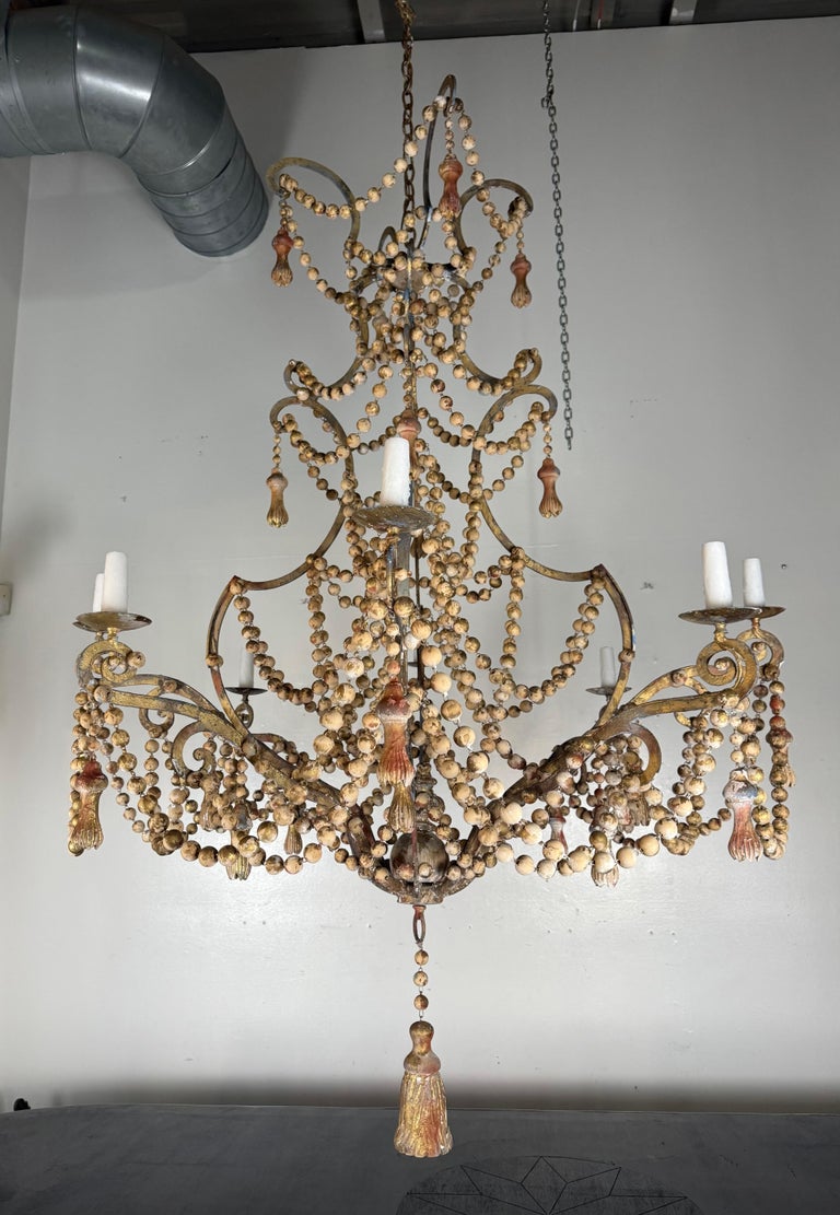 Monumental Italian Parcel-Gilt & Painted Wood-Bead Chandelier