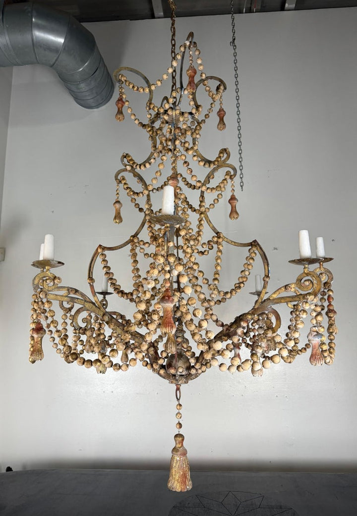 Monumental Italian Parcel-Gilt & Painted Wood-Bead Chandelier