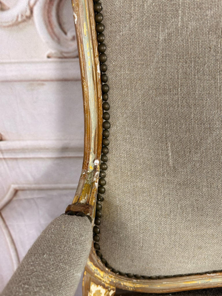 Set of 14 French Louis XV Style Gilt Dining Chairs with Linen Upholstery