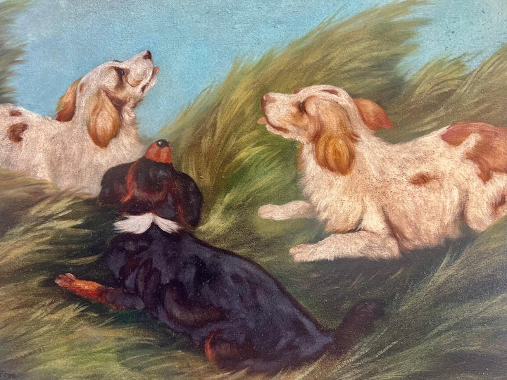 English Oil on Canvas Depicting Trio of Spaniels