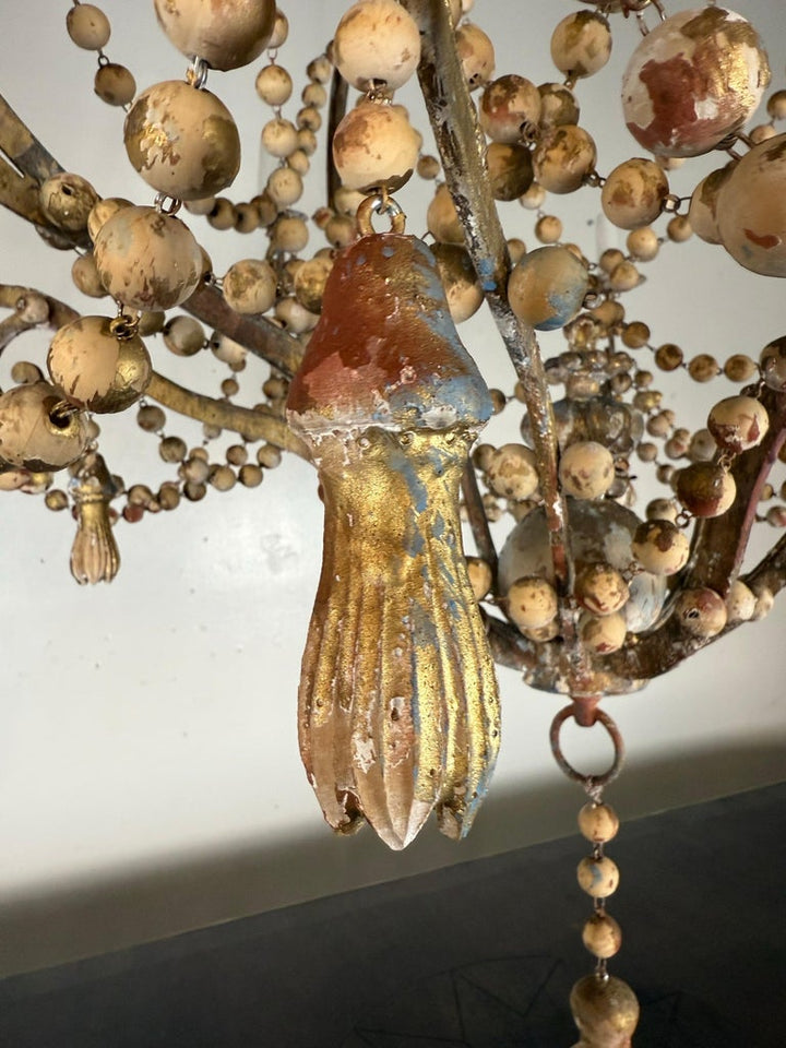 Monumental Italian Parcel-Gilt & Painted Wood-Bead Chandelier