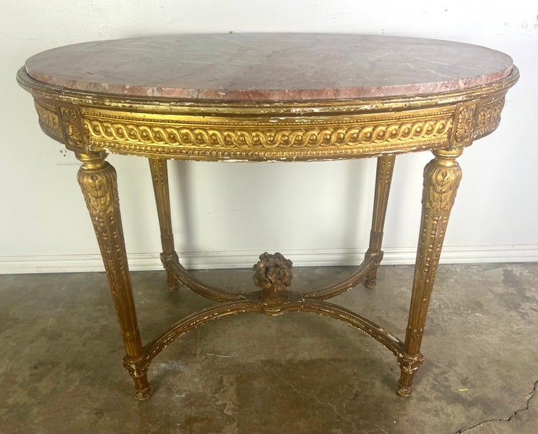 19th Century Louis XVI Style Gilt Wood Table w/ Marble Top