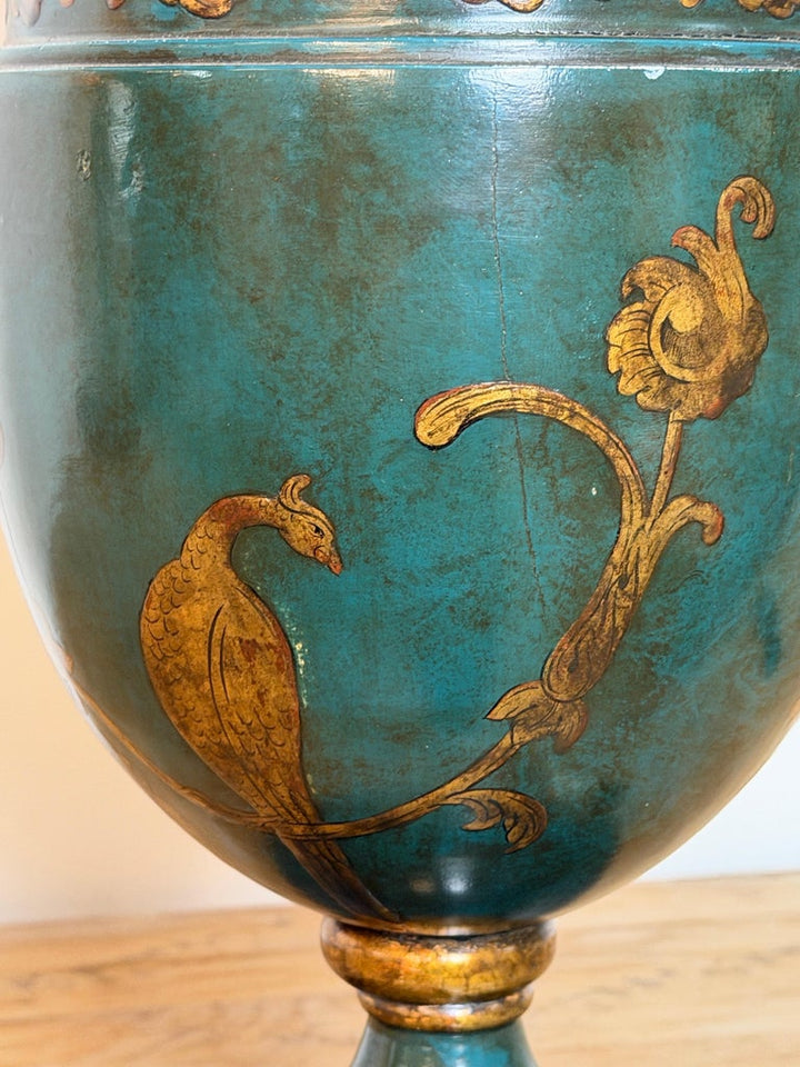 Italian Neoclassical Tole Urn Table Lamp Hand Painted Original Parchment Shade