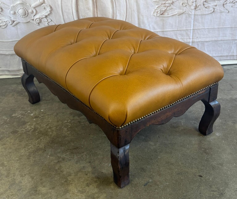 French Chesterfield Tufted Bench in Caramel Leather