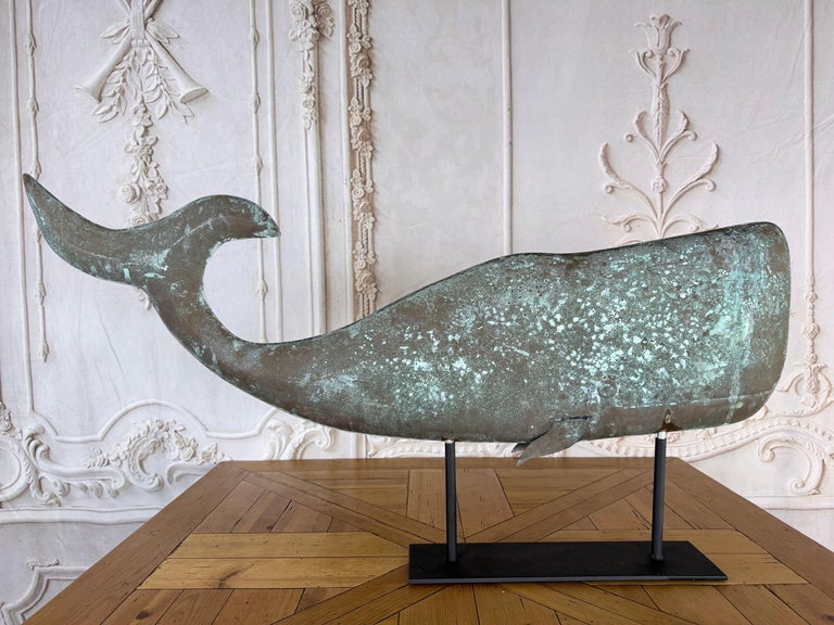 Monumental American Folk Art Copper Whale Weathervane with Verdigris Patina