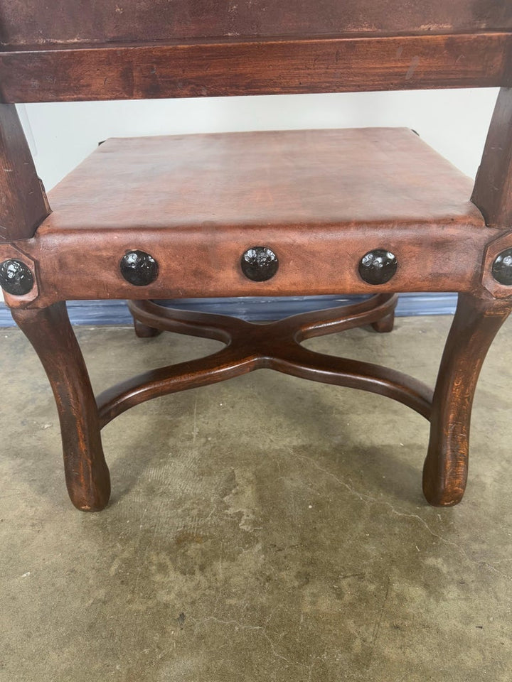 Set of Eight Spanish Walnut & Leather Dining Chairs
