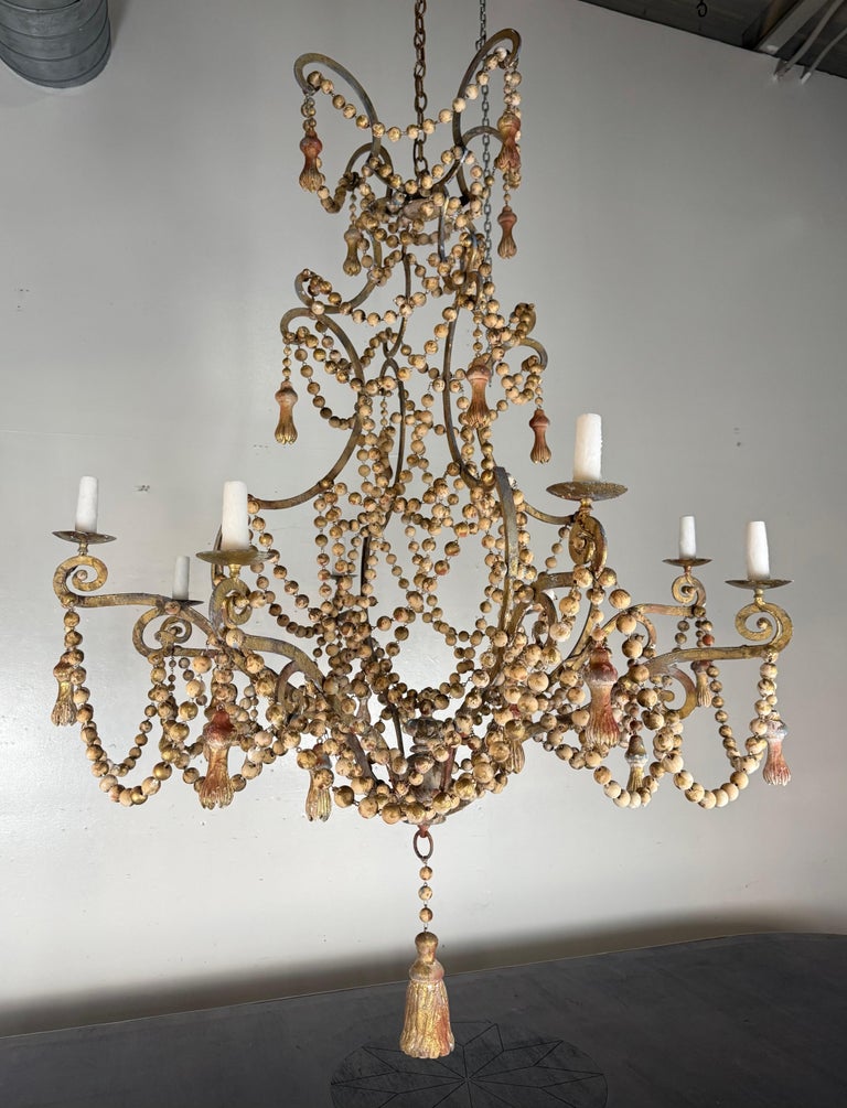 Monumental Italian Parcel-Gilt & Painted Wood-Bead Chandelier