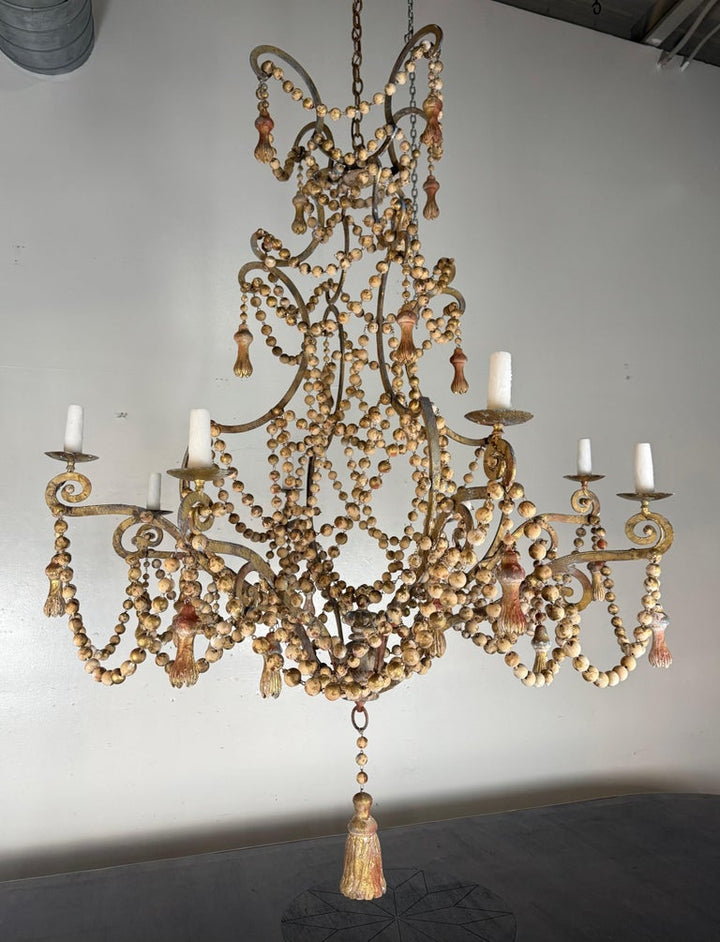 Monumental Italian Parcel-Gilt & Painted Wood-Bead Chandelier