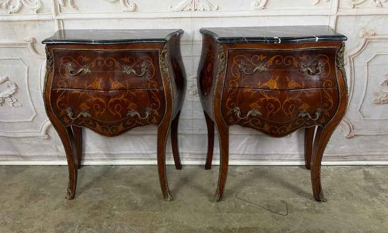 Pair of French Louis XV Style Bombe Nightstands - with Marble Tops