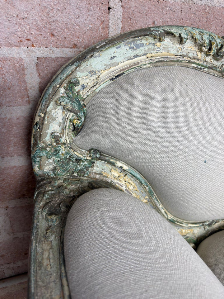 French Louis XV Corbeille Settee with Original Distressed Patina and Shell Crest