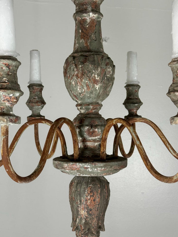 Antique European Painted Wood and Iron Six-Light Chandelier