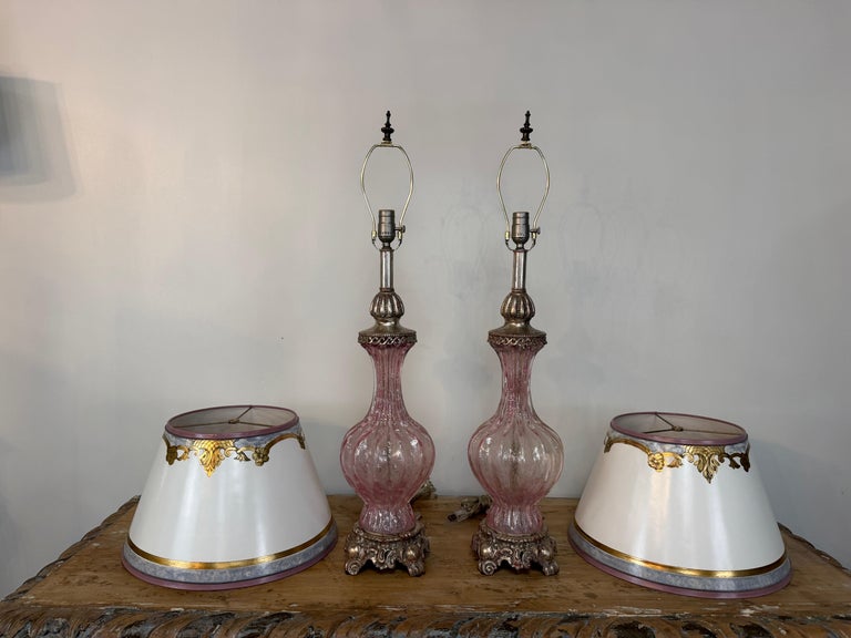 Pair of Murano Pink Bullicante Glass Table Lamps - Barovier &amp; Toso Style