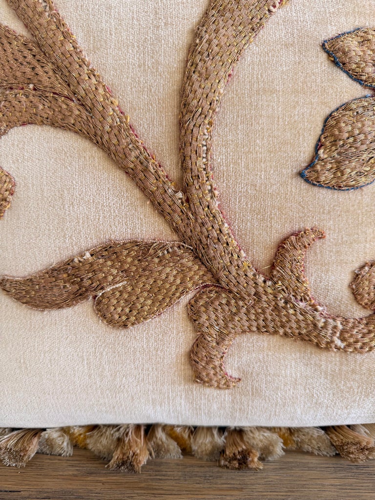 Pair of Golden Chenille Pillows w/ 19th Century Metallic Embroidered Appliqués