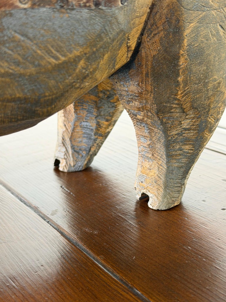 Folk Art Carved Wooden Pig Sculpture with Patinated Finish