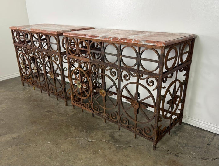 Pair of Italian Wrought Iron Consoles with Rosso Verona Marble Tops