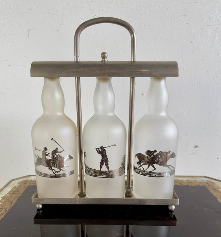 Set of Etched Polo Player Bottles in Silver Tantalus C. 1930's