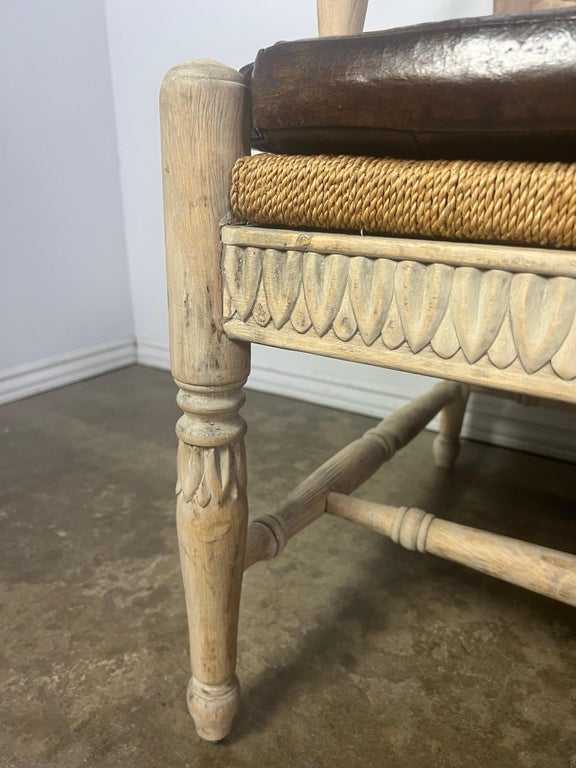 French Provincial Style Bench w/ Rush Seat & Leather Cushion