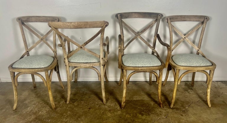 Set of Four Primitive Dining Chairs w/ Linen Seats