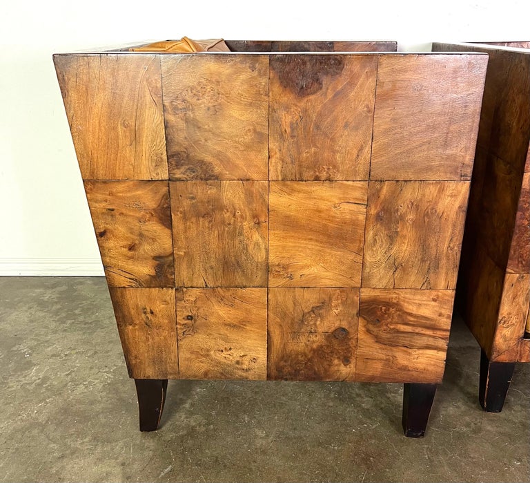 Pair of Modern Burl Walnut Armchairs w/ Leather Cushions