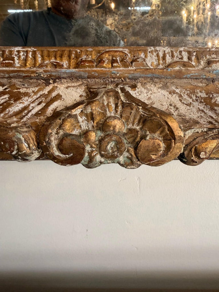 19th Century Spanish Baroque Carved Giltwood Mirror with Original Mercury Glass