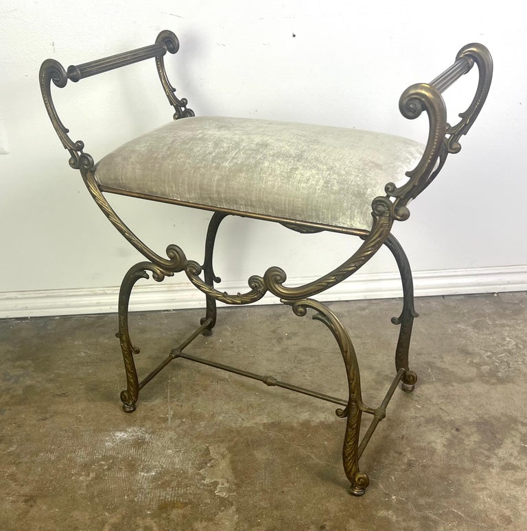 Brass Scrolled Velvet Upholstered Vanity Bench