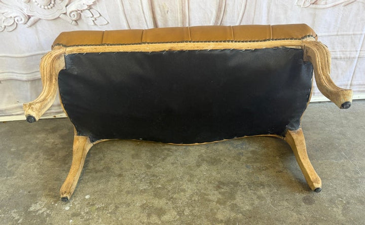 French Louis XV Style Tufted Bench - Caramel Leather